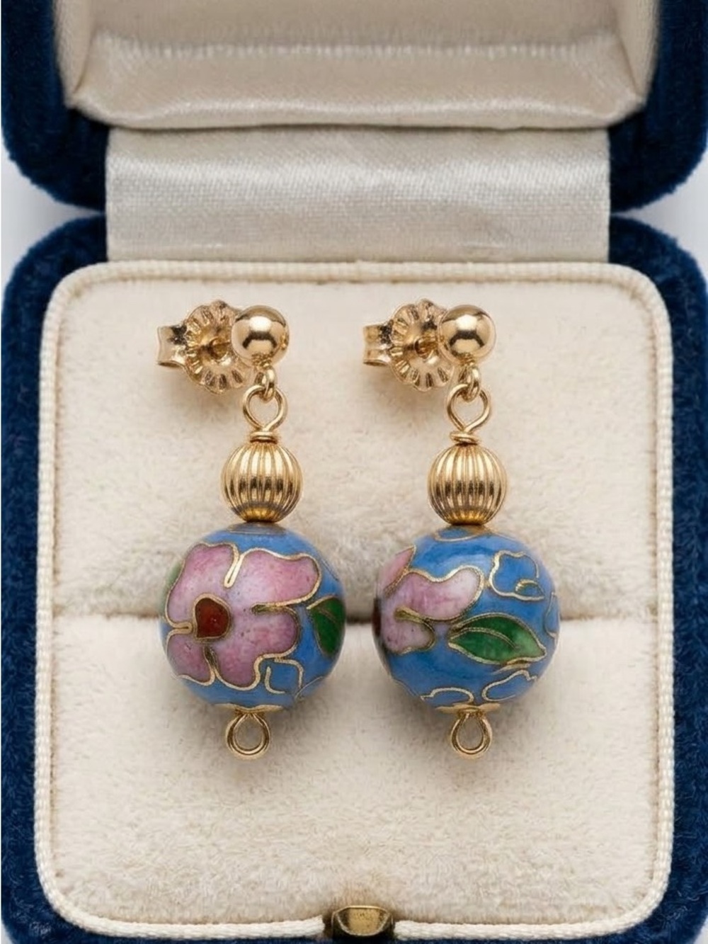 Vintage 1980s 14k Gold Filled Blue Cloisonne Dangle Floral Bead Earrings 1”